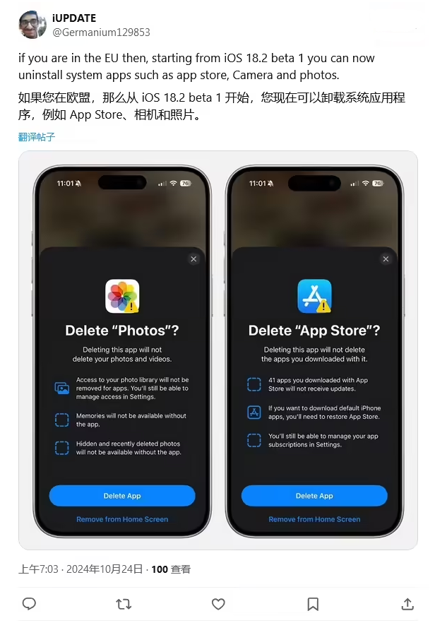 惠农苹果手机维修分享iOS 18.2 支持删除 App Store 应用商店 