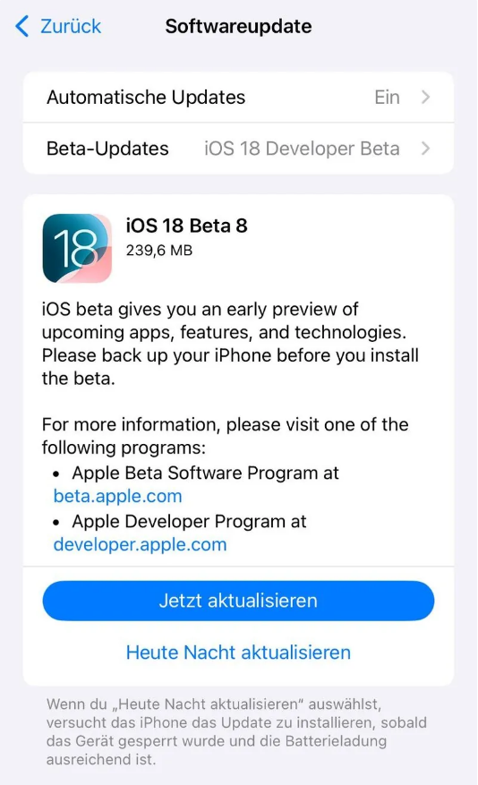 惠农苹果手机维修分享苹果 iOS / iPadOS 18 开发者预览版 Beta 8 发布 